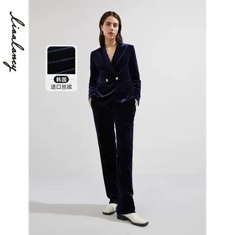 朗姿垂坠抗皱都市丝绒裤子女2021年秋季新款轻奢休闲套装阔腿裤图片