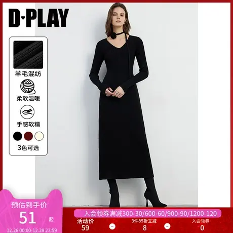 DPLAY春法式风V领黑色可脱卸立体花朵收腰长袖针织连衣裙图片