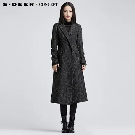 sdeer圣迪奥女装2017冬装商务休闲提花长款毛呢大衣S16481896图片