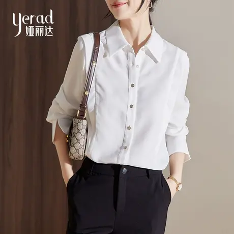 娅丽达白色衬衫女新款2024年设计感喇叭袖方领通勤职业长袖衬衣图片