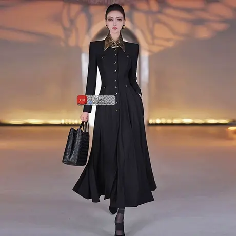 VJE秋季欧美风百褶长款风衣女装新款时髦修身显瘦过膝外套图片