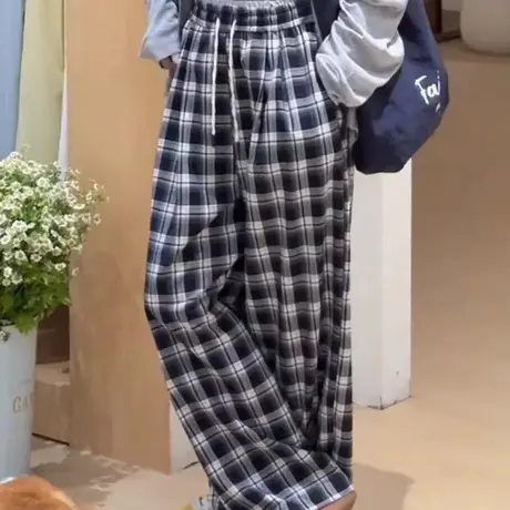 韩版格子直筒裤长裤女2025夏季新款宽松百搭显瘦松紧腰阔腿裤子潮图片