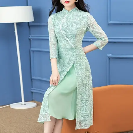 首尚格释绿色连衣裙女夏季2025年新款时尚复古七分袖拼接蕾丝裙子图片