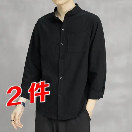 潮牌立领衬衫男长袖春秋季棉麻衬衣宽松加肥加大码胖子休闲上衣服图片