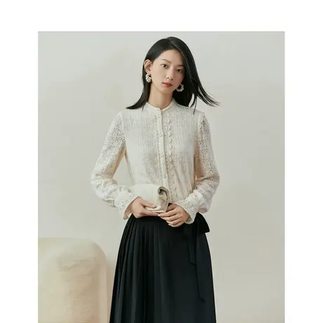 【商场同款】茵曼设计感蕾丝衬衫2023冬季女装新款立领灯笼袖上衣图片
