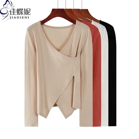 早春新款韩版V领修身纯色小心机T恤小衫长袖体恤上衣内搭女打底衫图片