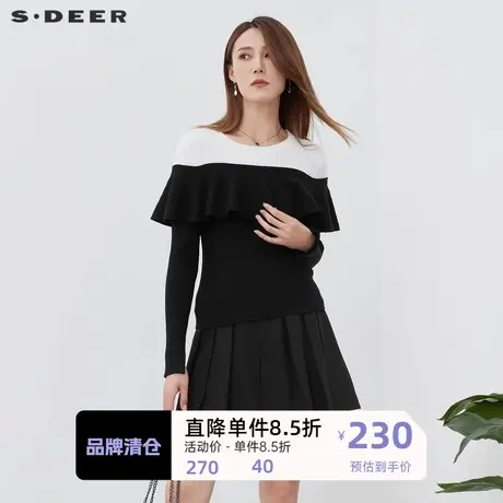 sdeer圣迪奥女装罗纹圆领撞色拼接长袖针织衫S221Z3530图片