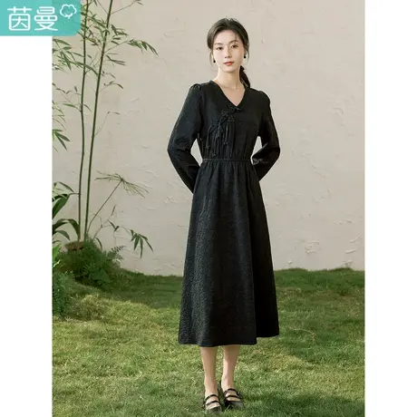 茵曼2023春女装新款田园新中式A字V领装饰蝴蝶结弹力松紧腰连衣裙图片