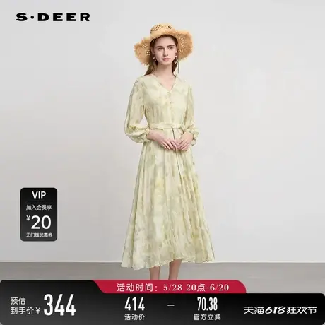 sdeer圣迪奥女装田园风V领收腰印花网纱连衣裙S243Z1208图片