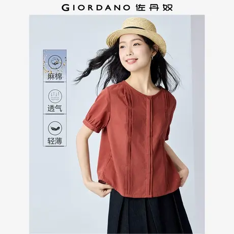 佐丹奴衬衫女装天然棉麻压褶圆领短款梭织短袖衬衫 05345481图片