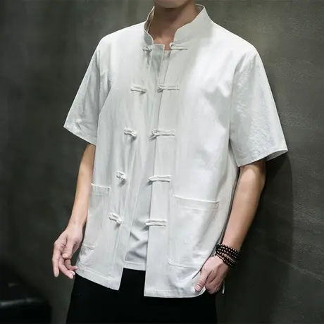 夏季中国风男短袖衬衫宽松青年复古民族服装中式上衣加肥加大码潮图片