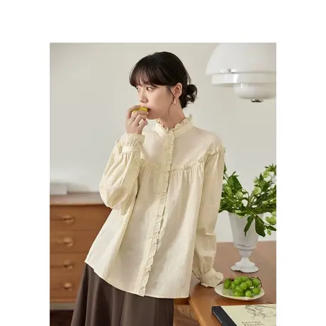 茵曼纯棉提花衬衣2023秋女装新款花边圆领长袖宽松显瘦百搭上衣图片