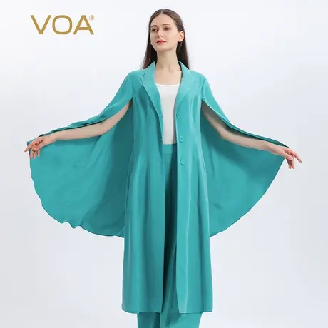 VOA30姆米重磅真丝翻领单排扣拼接蝙蝠袖收腰大摆开叉桑蚕丝外套图片