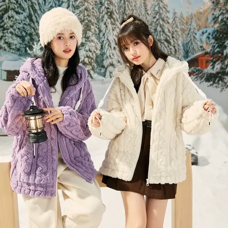 唐狮珊瑚绒外套女短款冬装新今年流行秋冬连帽加厚保暖上衣厚图片