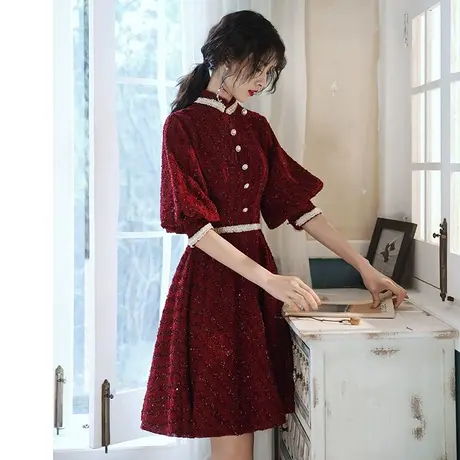 敬酒服酒红色平时可穿新娘结婚礼服订婚连衣裙夏季小个子回门便装图片
