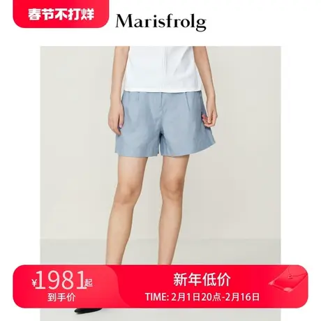 【进口色织面料】玛丝菲尔夏季新款透气普蓝色绑带休闲短裤女图片