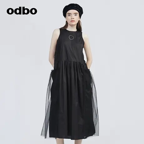 odbo/欧迪比欧复古气质网纱拼接连衣裙女夏季新款设计感压褶裙子图片