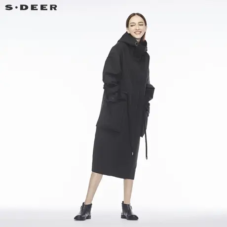 sdeer圣迪奥秋装女酷黑高领连帽夸袋抽绳风衣外套S18381838图片