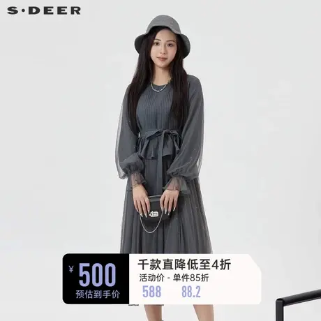 sdeer圣迪奥女装复古圆领风琴褶收腰网纱连衣裙S241Z1211图片