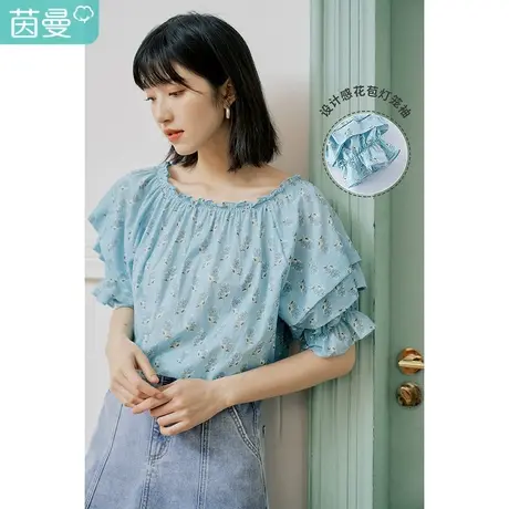 【商场同款】茵曼印花花边衬衫女2023夏季新款花苞灯笼袖纯棉衬衣图片
