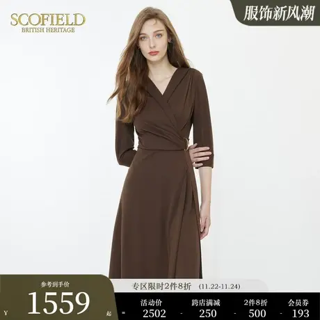 Scofield女优雅气质不对称设计感裙装修身V领七分袖连衣裙图片