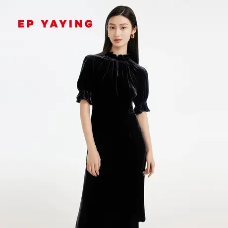 EP雅莹女装 暖感丝绒泡泡袖小黑裙收腰连衣裙 春装商场同款4659A图片