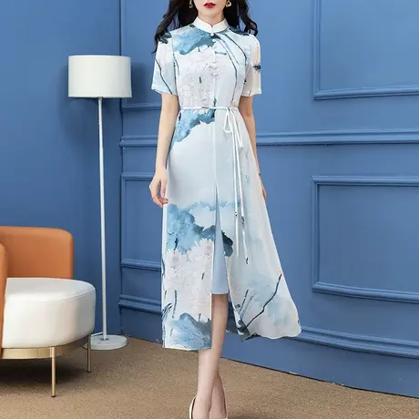 首尚格释中国风雪纺连衣裙女夏2023年新款气质时尚显瘦立领a字裙图片