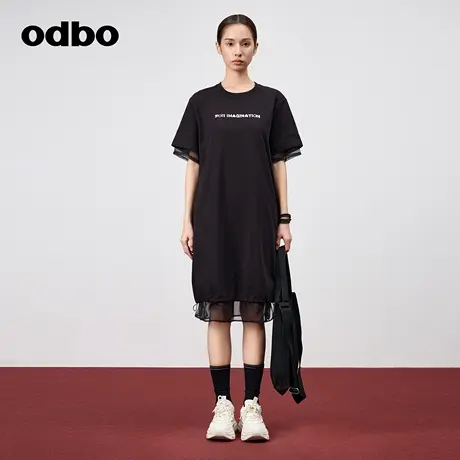 odbo/欧迪比欧时尚休闲透气夏季连衣裙女2024年新款网纱拼接T恤裙图片