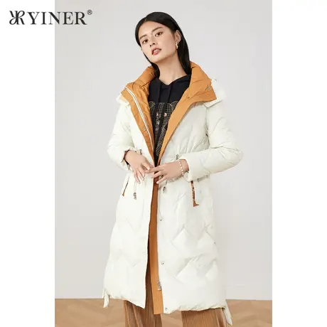 YINER音儿商场同款女装2021冬季新款长款撞色连帽加厚羽绒服图片