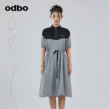 odbo/欧迪比欧时尚气质短袖拼接格纹连衣裙女夏季新款收腰A字裙子图片