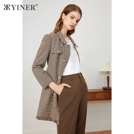 *YINER音儿奥莱女装秋季格子复古中长款短外套图片
