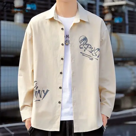 棉感衬衫男长袖夏季薄款外套宽松港风设计感上衣服男春秋休闲衬衣图片