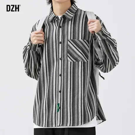 男士条纹衬衫男秋季高级感男装2023新款长袖衬衣外套宽松上衣百搭图片