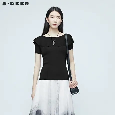 sdeer圣迪奥夏季圆领拼接黑色短袖基础针织衫女S20283502商品大图