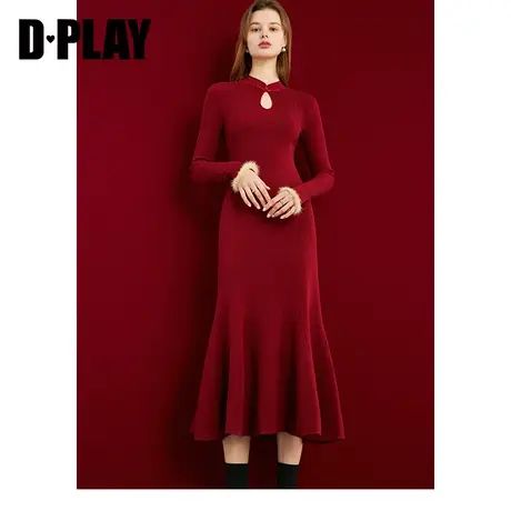 DPLAY新款红色连衣裙新年红色针织连衣裙新中式连衣裙国风女图片