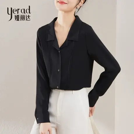 娅丽达西装领衬衫女黑色2024春季新款高级感通勤女装雪纺白色衬衣图片