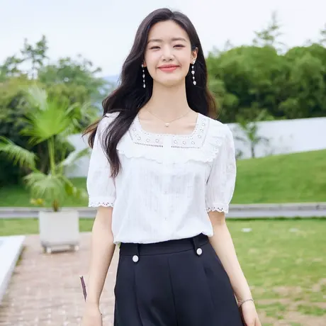 时尚气质刺绣减龄短袖衬衫女士2023年夏季新款百搭设计感小众上衣图片