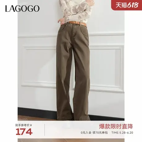 LAGOGO全棉牛仔舒适休闲裤女拉谷谷2024年冬季新款高腰显瘦阔腿裤图片