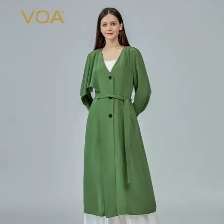 VOA30姆米重磅真丝V领做旧工艺绿色三粒扣长袖中长裙摆桑蚕丝外套图片
