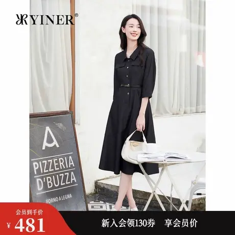 YINER音儿专选秋季法式通勤复古衬衫领高腰A字连衣裙图片