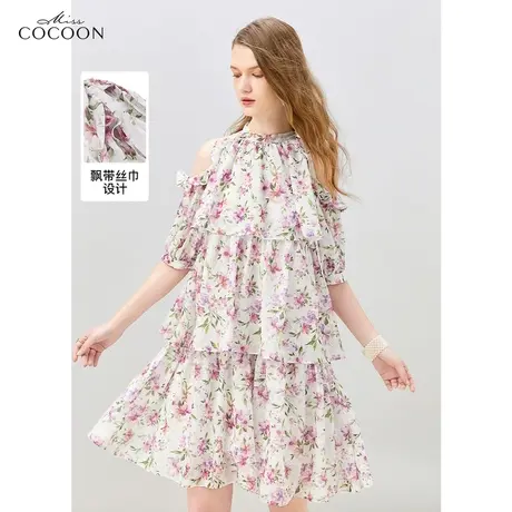 MISSCOCOON荷叶边露肩碎花连衣裙女装2023新款夏季中长款气质裙子图片