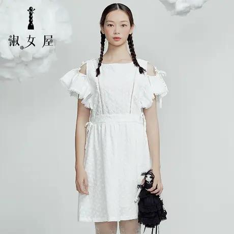 淑女屋官方旗舰店夏季新蝴蝶结公主圆领镂空高腰纯棉绣花连衣裙女图片