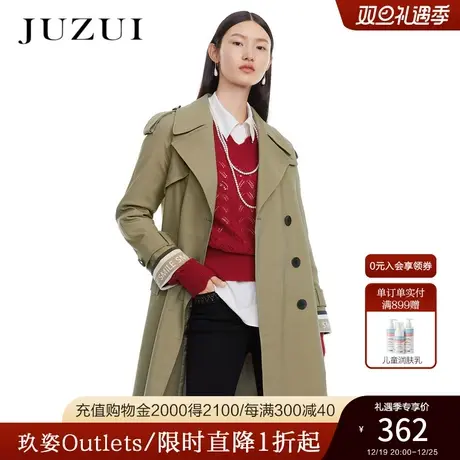 JUZUI玖姿奥莱春秋新款纯色都市帅气个性大翻领中长款女风衣外套图片