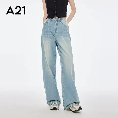 A21女装蓝白薄牛仔裤水洗磨白宽松阔腿裤复古做旧宽松显瘦简约图片