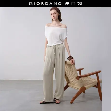 设计师款佐丹奴裤子女夏季麻感打褶阔腿裤松紧腰休闲长裤18415614图片