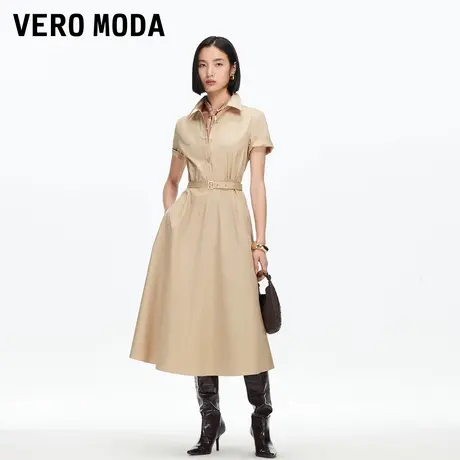 Vero Moda连衣裙女2025秋季新款纯棉腰带飘带A字中长裙32537B002图片