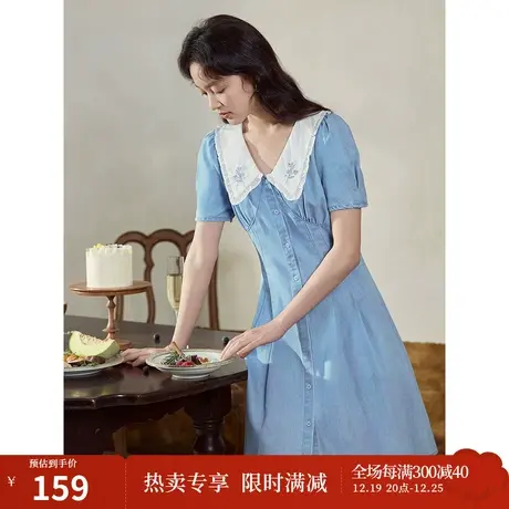 茵曼时尚通勤A字连衣裙2023夏季女装新款牛仔蓝收腰显瘦翻领裙子图片