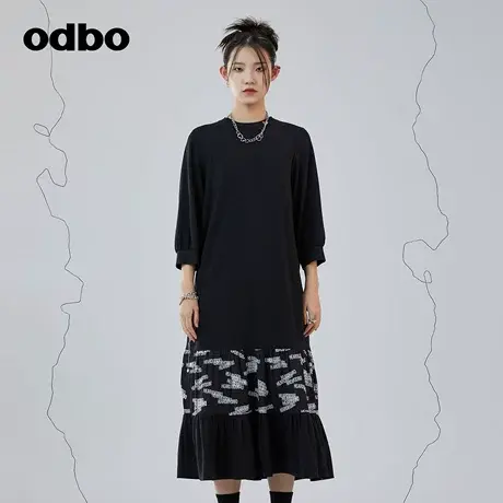 odbo/欧迪比欧时尚设计感荷叶边拼接七分袖连衣裙女春季新款长裙图片