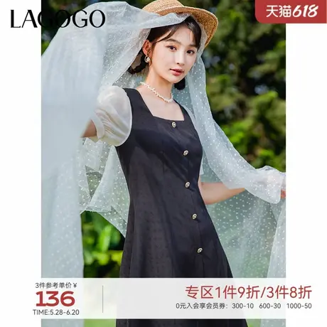 LAGOGO拼接高腰泡泡袖方领气质裙子女拉谷谷法式显瘦舒适连衣裙图片