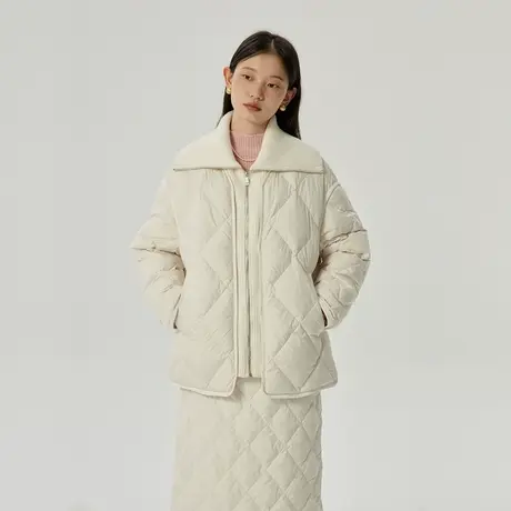 omont蛋挞家 白色菱形格羽绒服冬季新复古90白鸭绒针织领外套图片